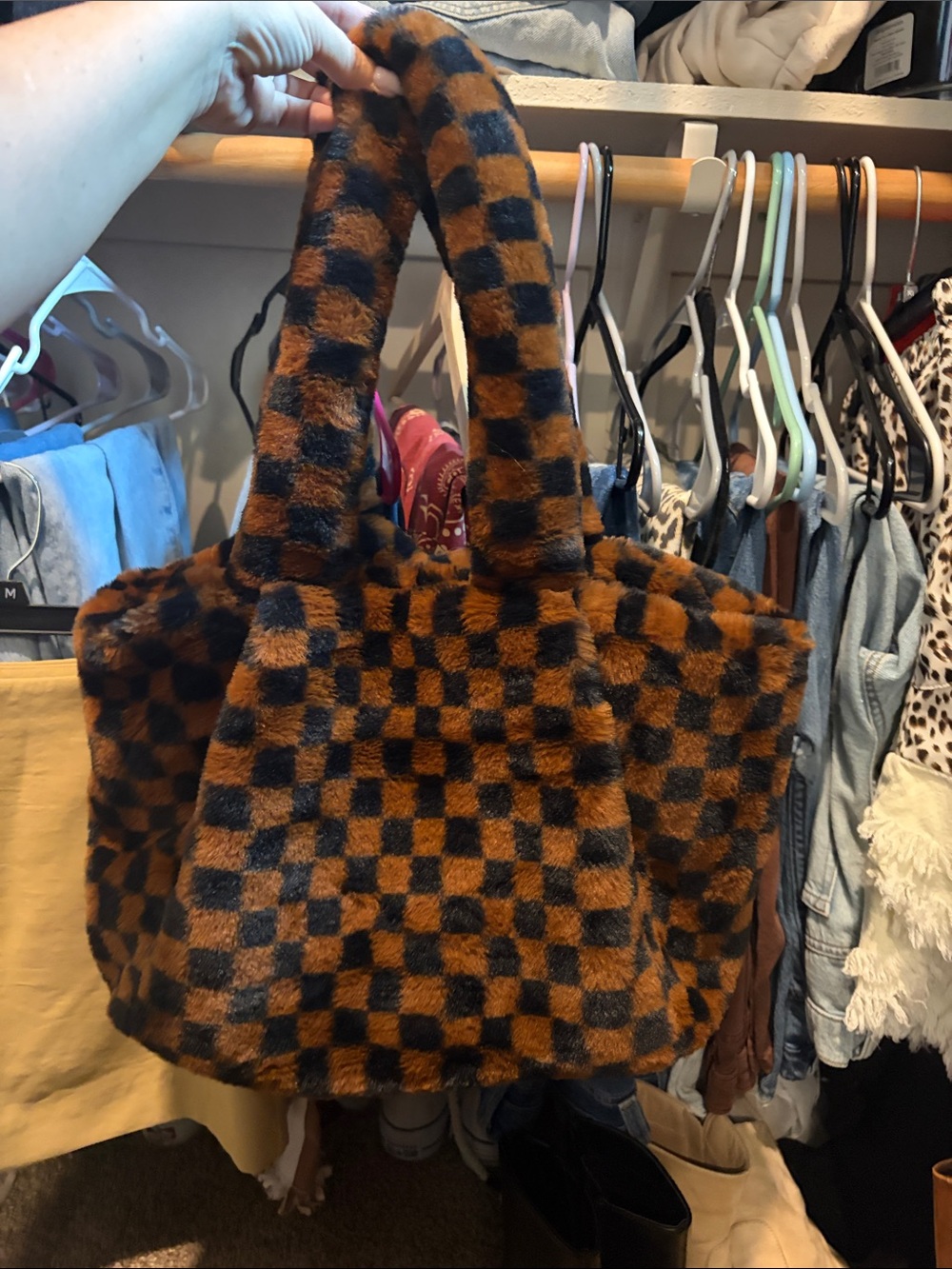 Checkerboard Faux Fur Tote Bag in Brown and Black